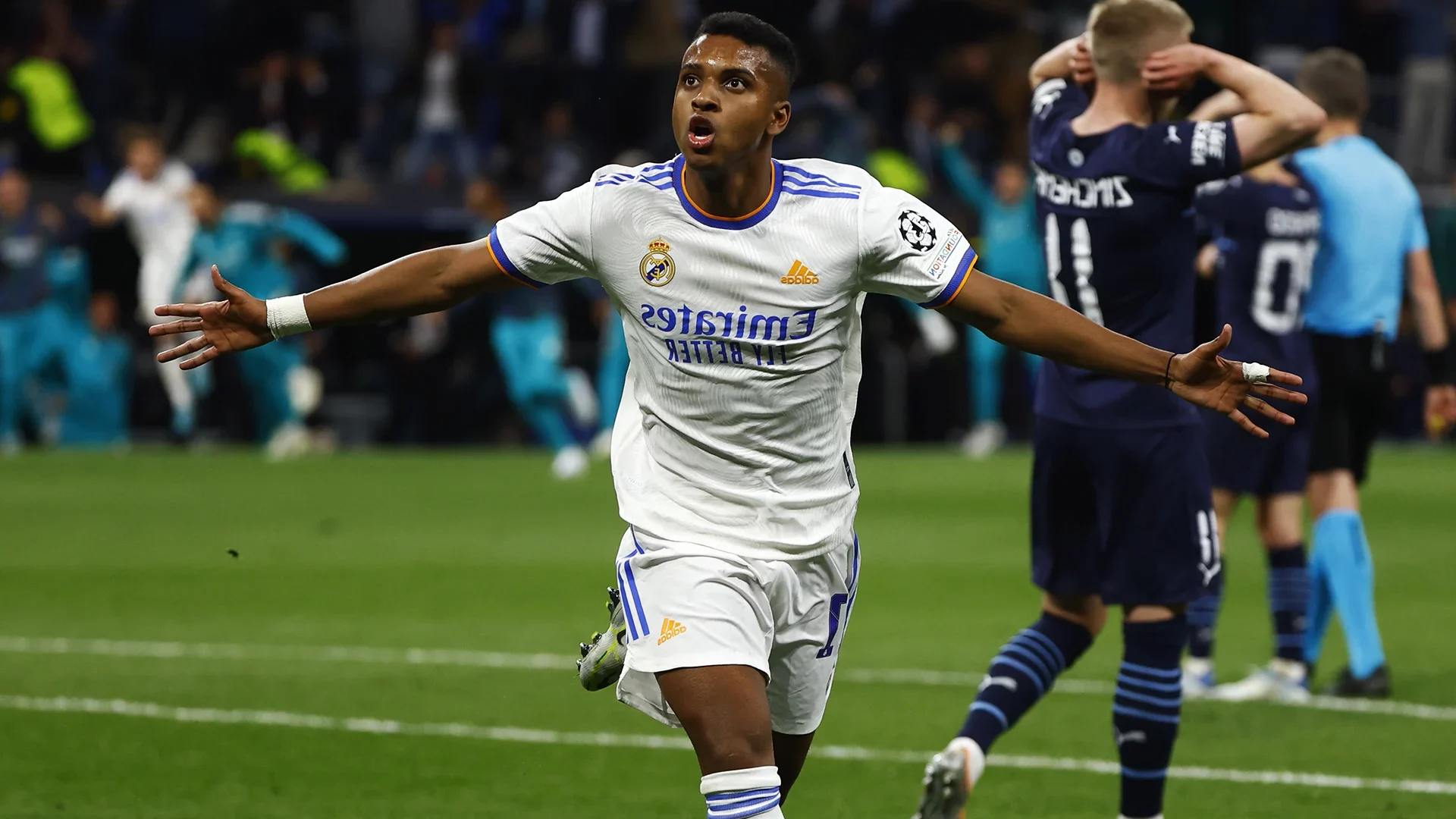 Rodrygo célèbre son but face à Manchester City lors de la Champions League 2022