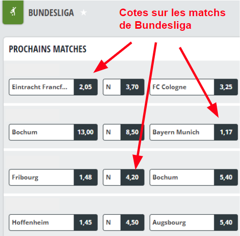 capture d'écran des cotes sur les matchs de Bundesliga (Allemagne)