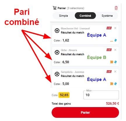 pari combiné explication avec capture d'écran