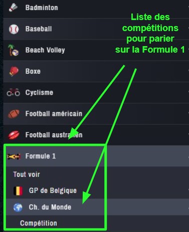 exemples de paris sportifs sur les courses de formule 1