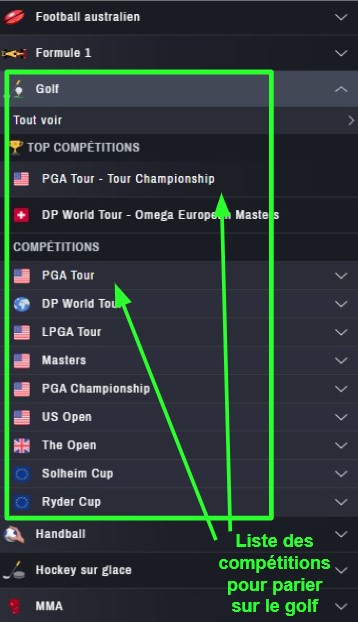 exemples de paris sportifs sur les compétitions de golf