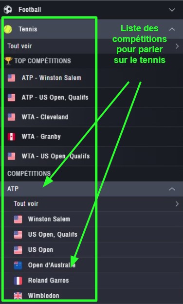 exemples de paris sportifs sur les tournois de tennis